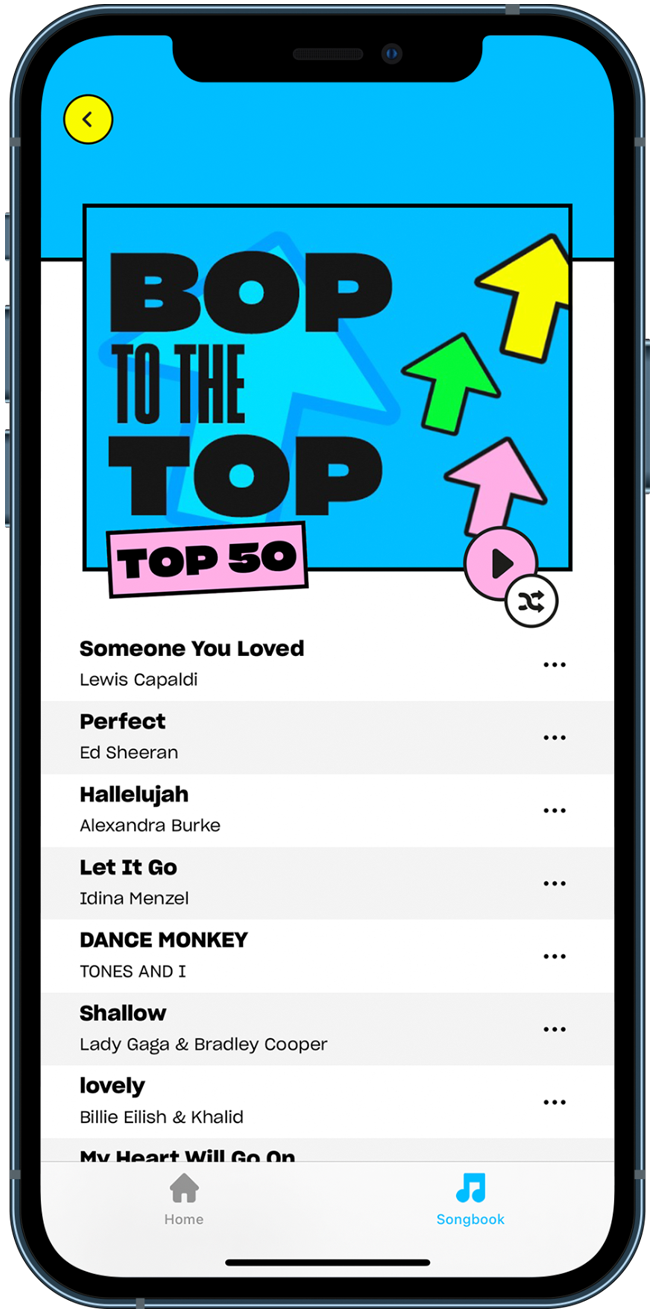 Screenshot of karaoke on the Sing King app using a playlist called Bop to the Top